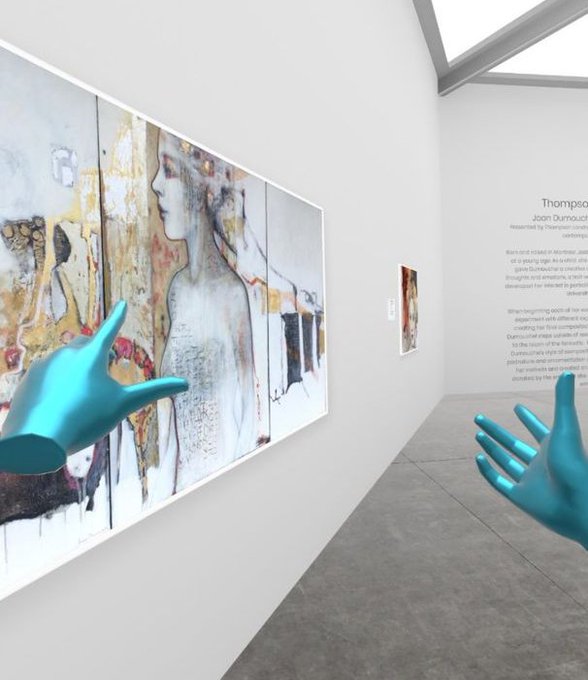 Interactive virtual gallery with blue hands reaching toward artwork